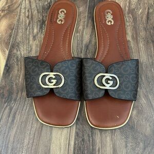 GBG Los Angeles Dark Brown Slide Sandals with Gold Accent